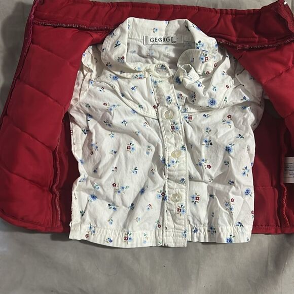 Red Quilted Vest with White Long Sleeve floral Shirt - Picture 2 of 4